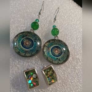 Boho Mandala Flowers Vibrant Green and Blue & Crystal Cut Stud Earrings
